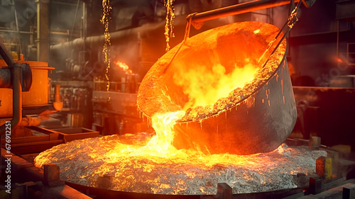 Metallurgical factory, foundry cast, heavy industry background. Pouring of liquid metal in open hearth workshop. photo