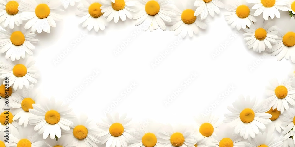 Frame mockup with Chamomile flowers on a white background. Banner or gift card with flowering frame Frame mockup with Chamomile flowers on a white background. Banner or gift card with flowering frame