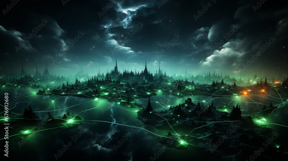 Neon city lines with green lights Generative AI Neon city lines with green lights Generative AI