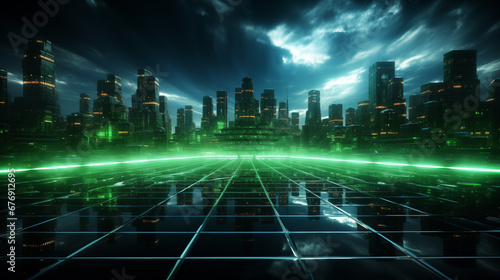 Neon city lines with green lights Generative AI 