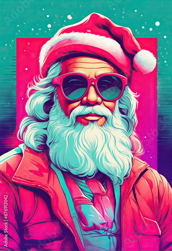 Cool Santa Claus in sunglasses. Retro illustration. Neon colors. Vaporwave style. Digital portrait. Art for Christmas posters, greeting cards and banners