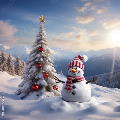 Snowman and Christmas Tree in a Winter Scene © Gabri