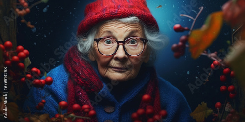 Quirky Grandmother Rocks Fashionable Glasses and Floral Crown in Playful Portrait Brimming with Eccentricity and Style, AI generated photo