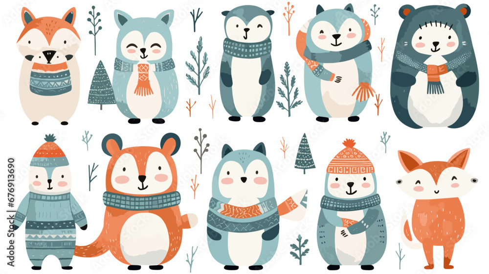 Fototapeta premium vector set, Christmas winter elements collection isolated on white background, cute animals seasonal design, items set for kids, textile clothes and scrapbook.