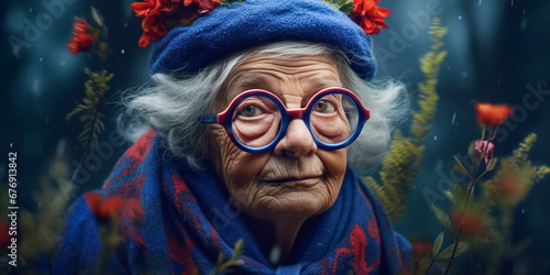 Quirky Grandmother Rocks Fashionable Glasses and Floral Crown in Playful Portrait Brimming with Eccentricity and Style, AI generated photo
