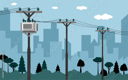 Power supply lines with transformer on the pole