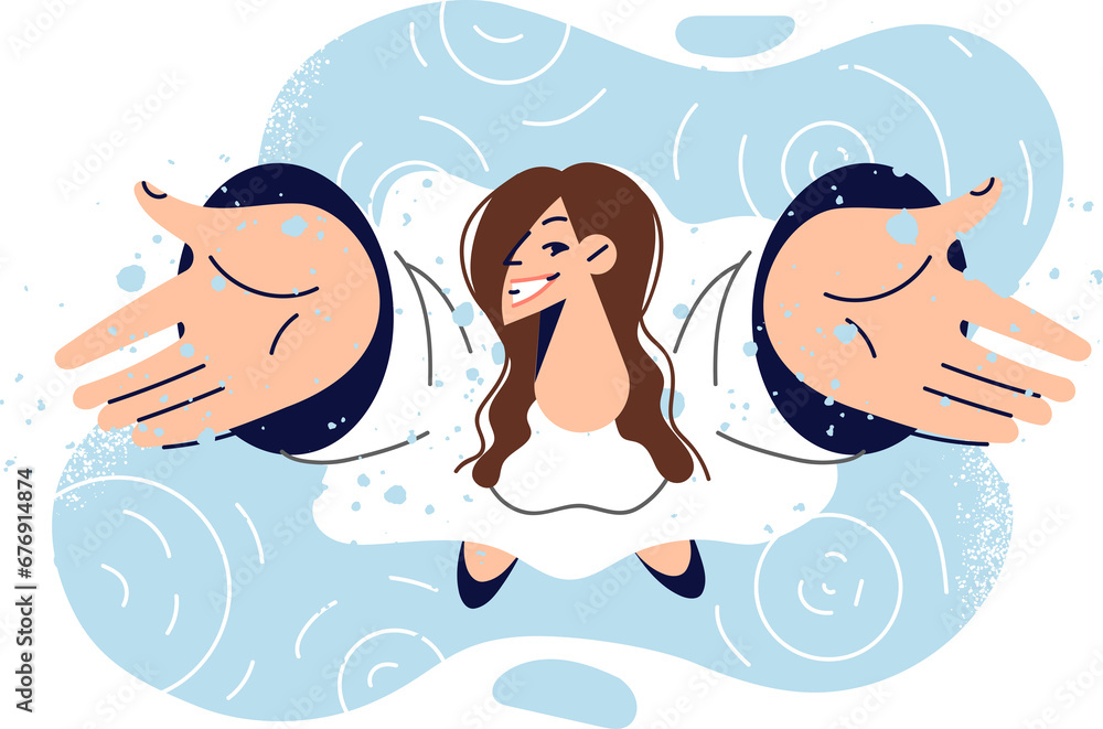 Woman rejoices in rain dripping from sky and raises hands up enjoying first autumn precipitation Woman rejoices in rain dripping from sky and raises hands up enjoying first autumn precipitation