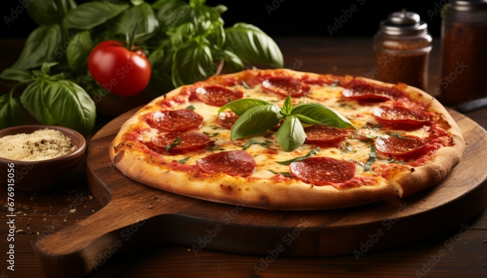 Tempting pepperoni pizza with golden crust, bubbling cheese, and savory pepperoni slices