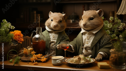 Gastronomic Wonderland: Anthropomorphic animals in a delightful food-centric setting, engaged in culinary adventures and feasts © Наталья Евтехова