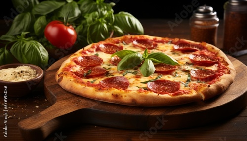 Tempting pepperoni pizza with golden crust, bubbling cheese, and savory pepperoni slices