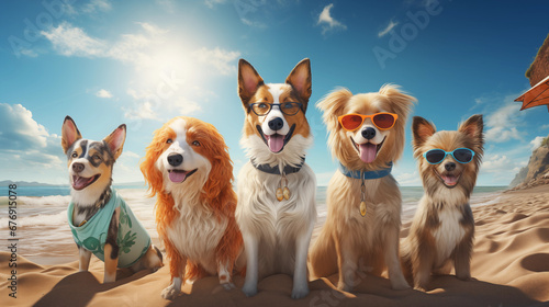 Beach Party with Animal Surfers: A sunny beach scene with animals in colorful beachwear, enjoying the waves and surfboards