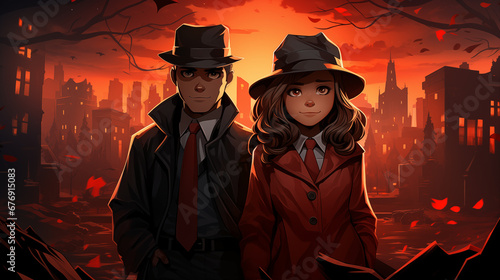 Detective Cats Solving Mysteries: Cats dressed as detectives in a noir-inspired setting, solving mysteries in a city backdrop