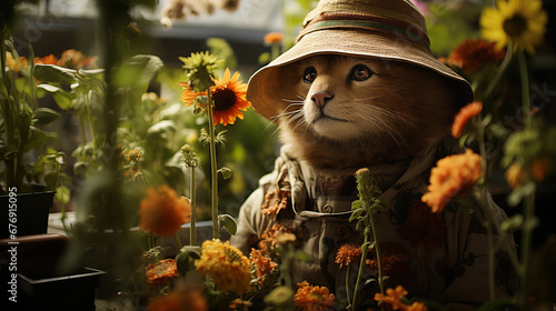 Anthropomorphic Animal Garden: A lush garden inhabited by animals wearing garden hats, tending to flowers, and enjoying the beauty of nature © Наталья Евтехова