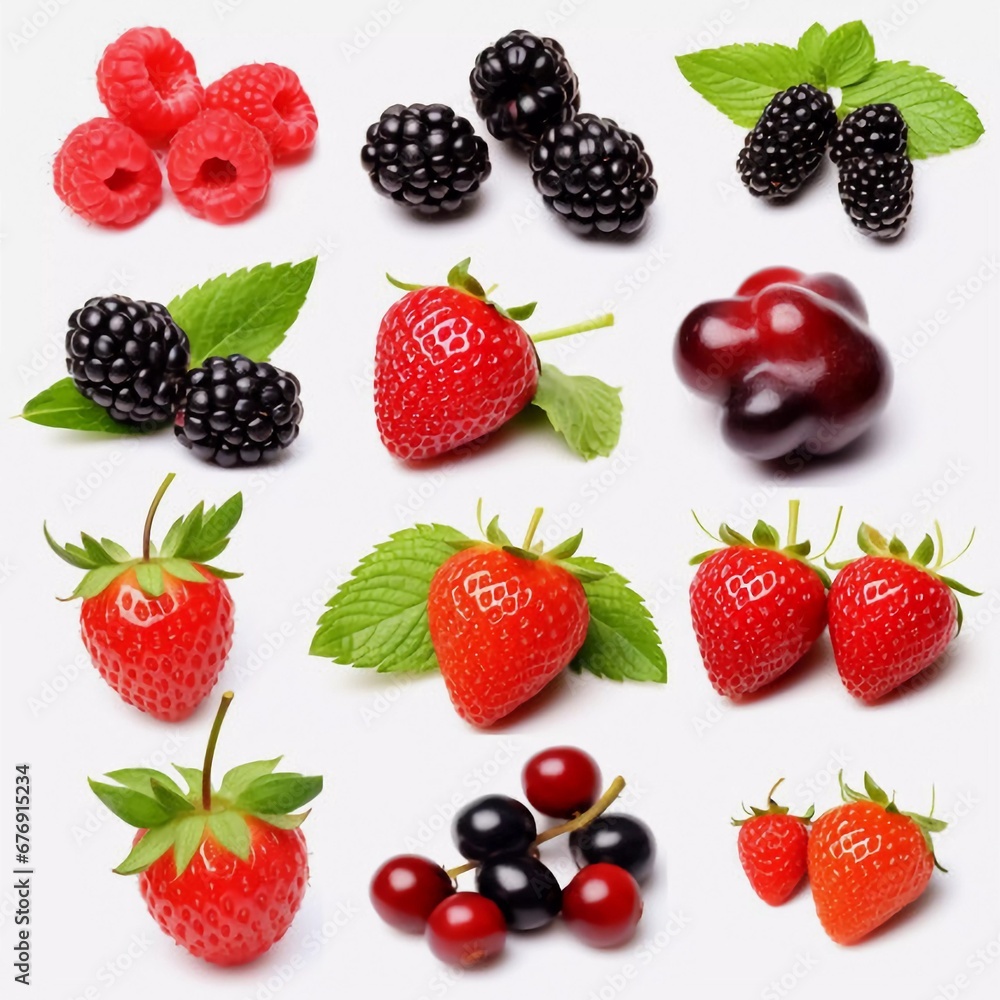 Collage with a bunch of different berries isolated on white, AI generator Collage with a bunch of different berries isolated on white, AI generator