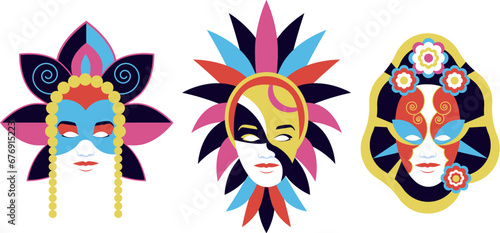 Colorful carnival festive masks set. Woman masks for masquerade. Venice classical carnival mask isolated. Template mask for festival masquerade or costume party. Opera or theater decoration.