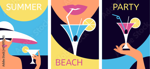 Summer party poster set with woman holding glass of martini cocktail in her hand. Bright colored summer magazine cover with sexy lady in a hat and sunglasses. Front view. Holiday concept. Vector.