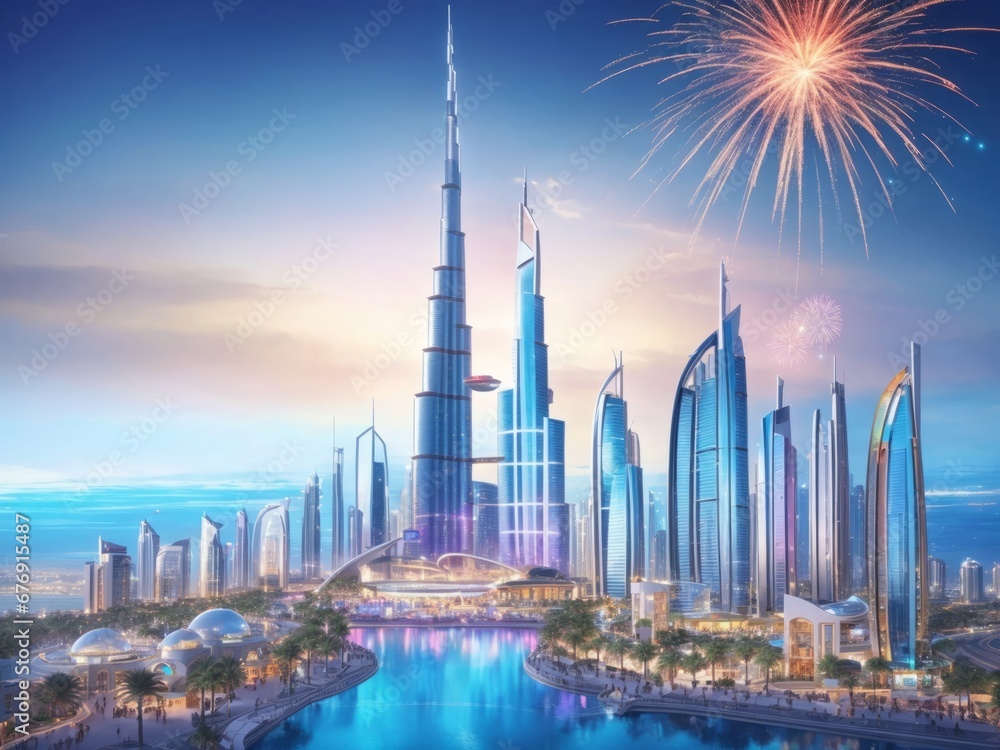Obraz premium New Year fireworks over the city of Dubai