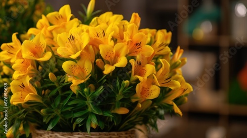 Colorful Alstroemeria in a vase on a shelf in a flower shop. Mother's day concept with a space for a text. Valentine day concept with a copy space.