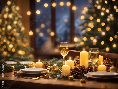 Empty white wood table top with  candles and abstract warm living room decor with Christmas tree string light blur background with snow  Holiday backdrop  Mock up banner for display of advertising