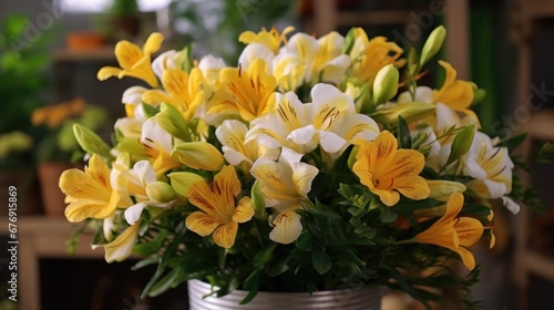 Colorful Alstroemeria in a vase on a shelf in a flower shop. Mother's day concept with a space for a text. Valentine day concept with a copy space.