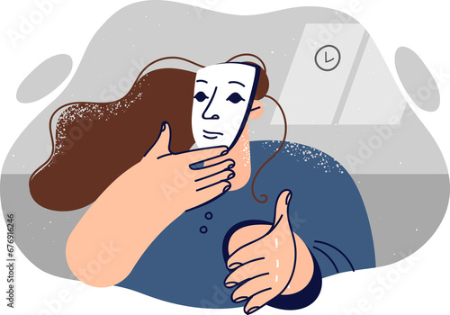 Photography Woman in mask reaches out hand wanting to say hello and make deal, for concept s