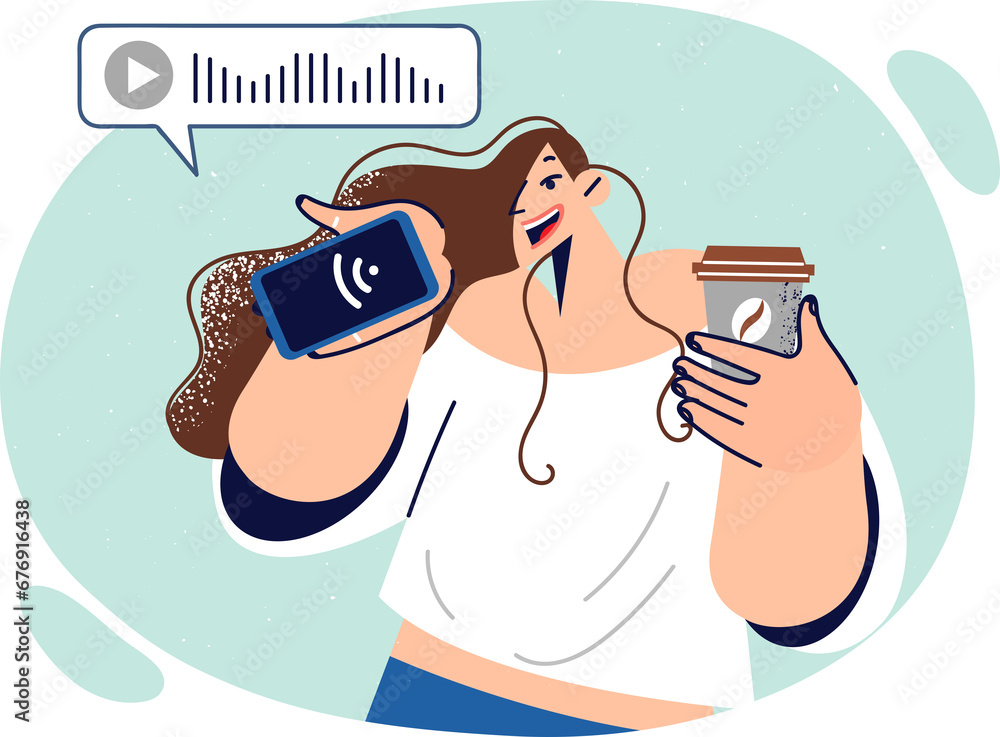 Woman records voice message on mobile phone and drinks coffee, communicating via online messenger. Woman records voice message on mobile phone and drinks coffee, communicating via online messenger.