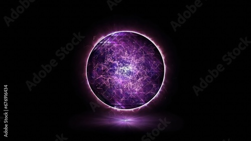 Purple energy orb background. 3d abstract energy sphere ball on dark background. Nuclear energy, Big Bang, Supernova. Science, technology, innovations, Universe.