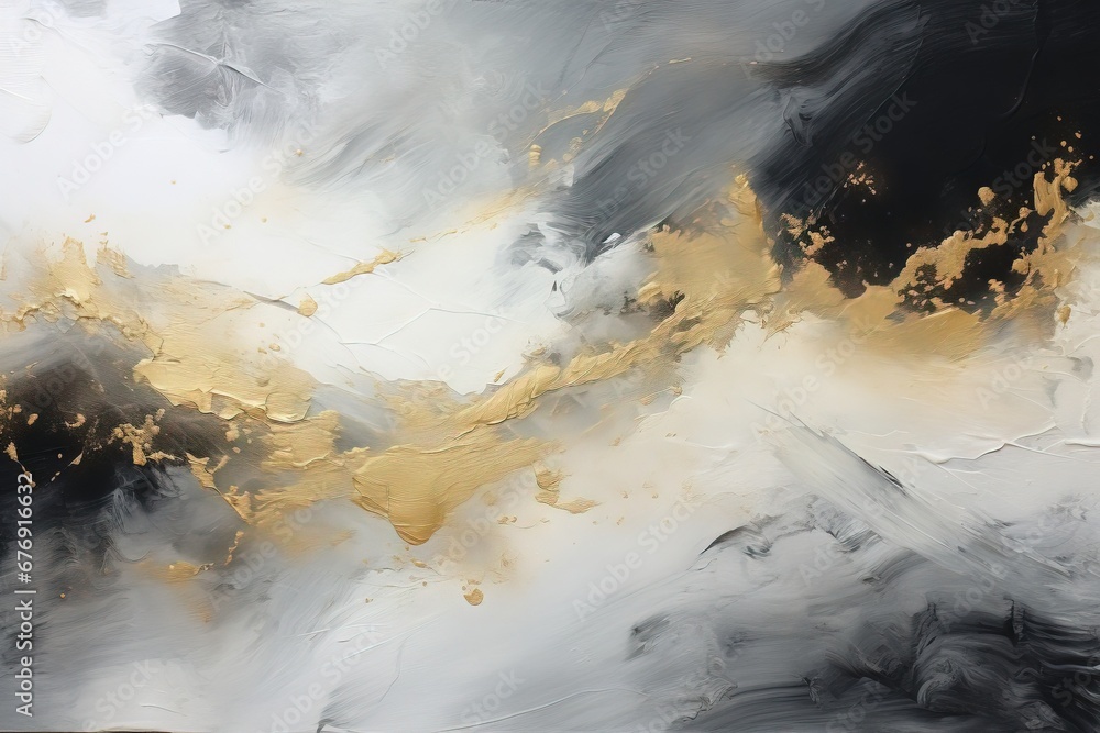 Abstract monochromatic particular glossy gold paint, with a golden proportion and black, white colors. Metallic accents. Great as background, wallpaper. Generative AI, AI