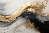 Abstract monochromatic particular glossy gold paint, with a golden proportion and black, white colors. Metallic accents. Great as background, wallpaper. Generative AI, AI