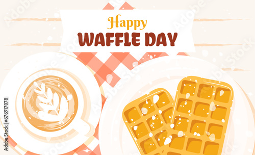 Happy Waffle day vector illustration in flat cartoon style. Delicious waffles and coffee cup. Perfect for banner, poster, card, flyer and so on