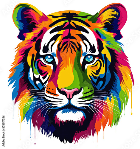 Tiger head with multicolored paint splashes. 