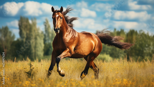 horse running in a meadow at sunset