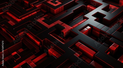 An abstract background featuring 3D graphic abstract geometric wall art of a spacer, designed in the cyberpunk futurism style with a robotic feel. Dark red and black hues complement bold futuristic 