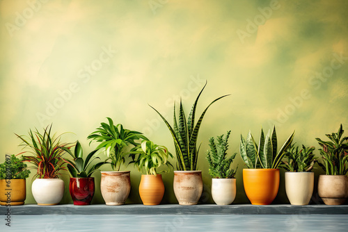 Plants in pots at wall background, houseplants potted in flowerpots in row, succulents and palm leaves.
