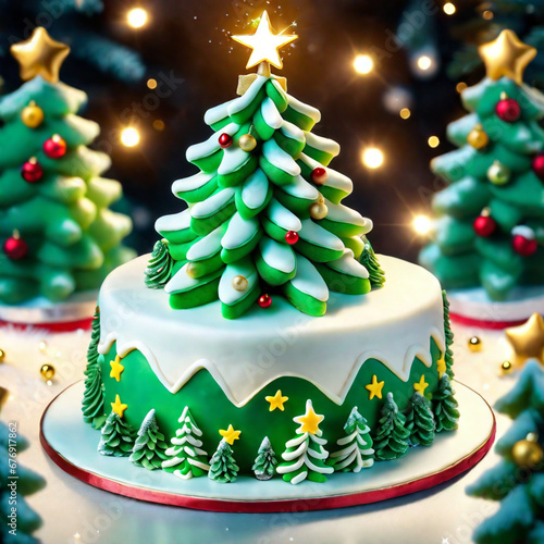 New Year's cake with a big Christmas tree and a glowing star made of mastic