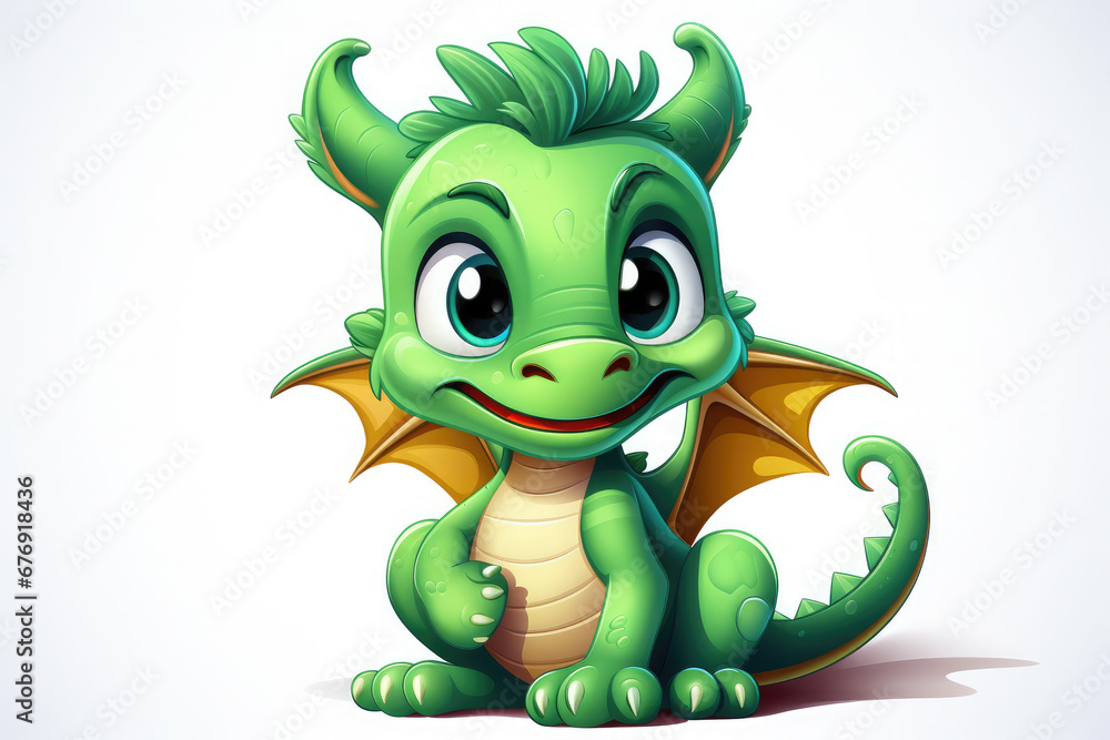 Fototapeta premium Cute cartoon green dragon on a white background. The dragon is the symbol of 2024. New Year holiday illustration. Happy New Year!