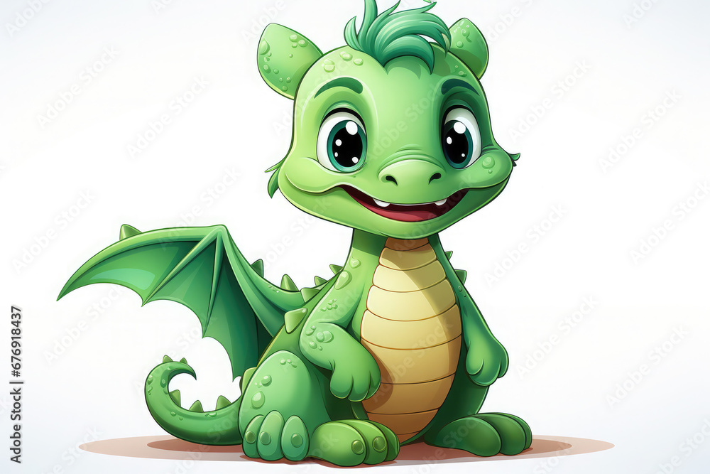 Naklejka premium Cute cartoon green dragon on a white background. The dragon is the symbol of 2024. New Year holiday illustration. Happy New Year!