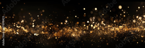 Abstract gold shiny Christmas banner background with bokeh. Holiday bright blurred backdrop with particles.