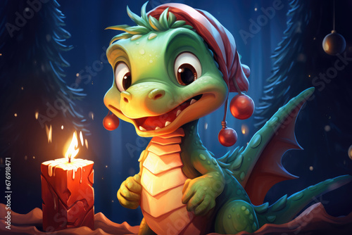Cute cartoon green dragon wearing a red santa hat against the backdrop of a snowy Christmas forest. The dragon is the symbol of 2024. New Year holiday illustration. Happy New Year © syhin_stas