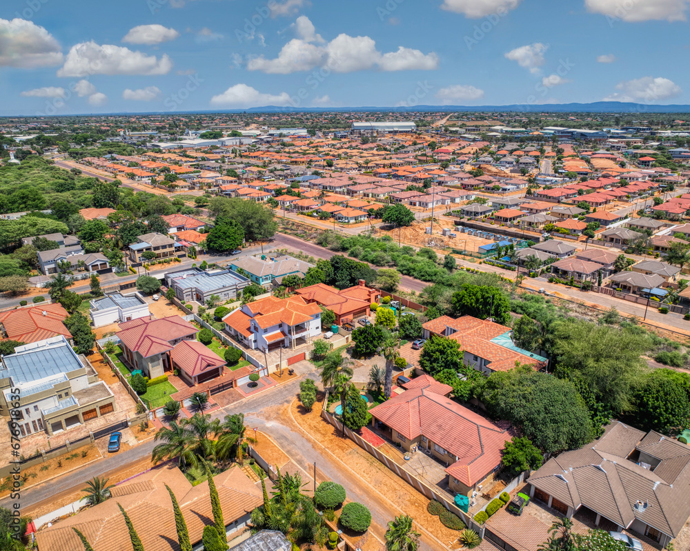 Aerial view, Phakalane is a suburb in Botswana situated a few kilometers from the capital city Gaborone, is a commercial and residential area, 