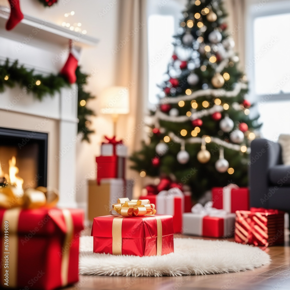 Christmas Tree with Decorations and presents in a living room. 