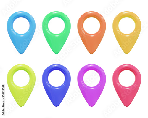 3d set of map location pointer. Pin code icon of the geolocation map. Plastic cartoon style. Stock vector illustration on isolated background.