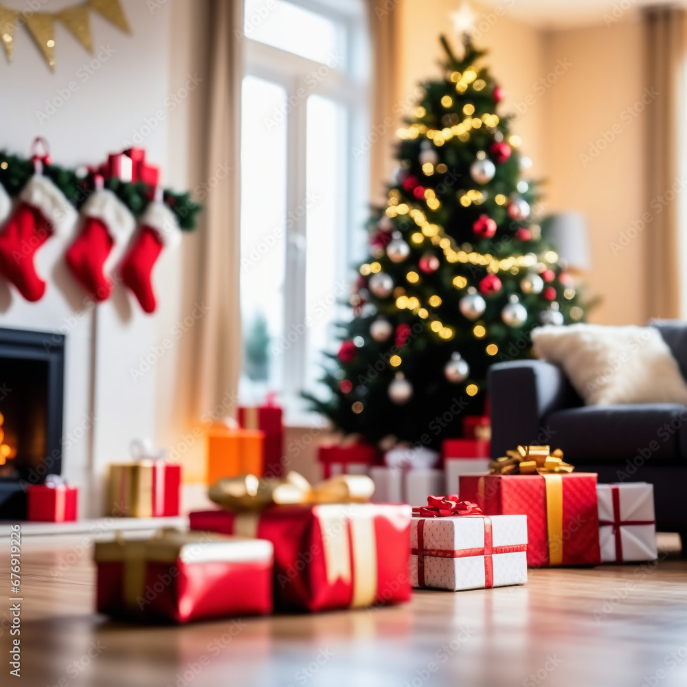 Christmas Tree with Decorations and presents in a living room. 