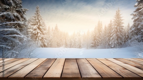 Wooden table against the backdrop of a winter forest. Generation AI © MiaStendal