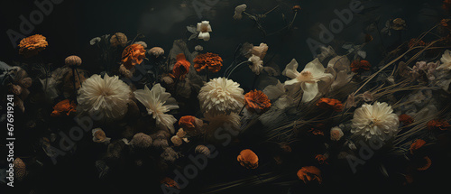 Fotografia a dark bloom roses  in muted earth tones, negative imagery, close-up florals, an
