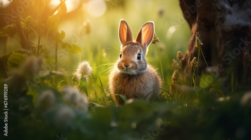 Little rabbit in the spring forest on the grass. Generation A © MiaStendal
