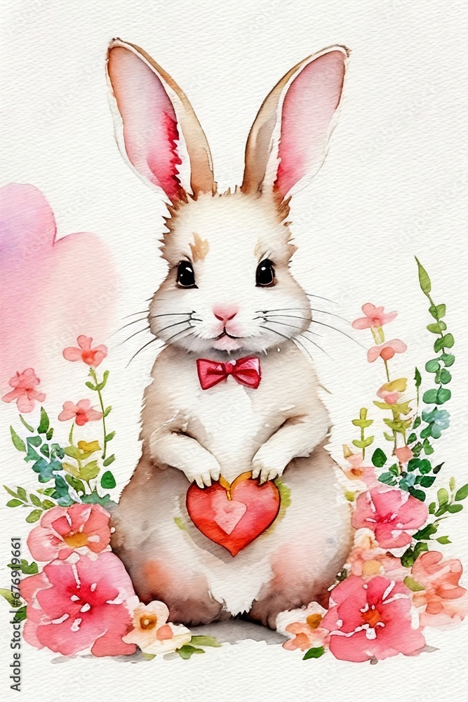 Fototapeta premium Cute little rabbit holding a heart. Watercolor drawing.