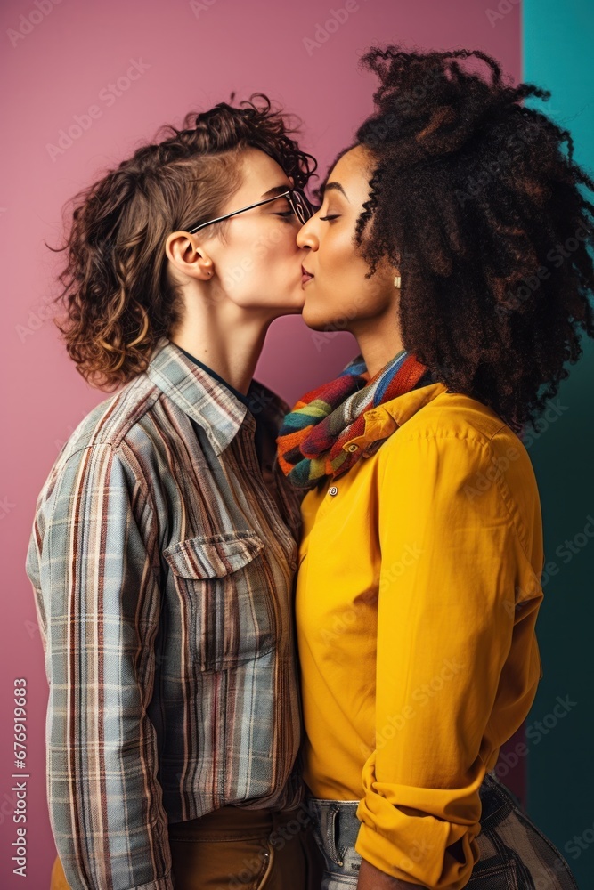 Love, diversity, and a kiss: a happy lesbian couple in a studio setting, embracing their LGBTQ+ identities together Love, diversity, and a kiss: a happy lesbian couple in a studio setting, embracing their LGBTQ+ identities together