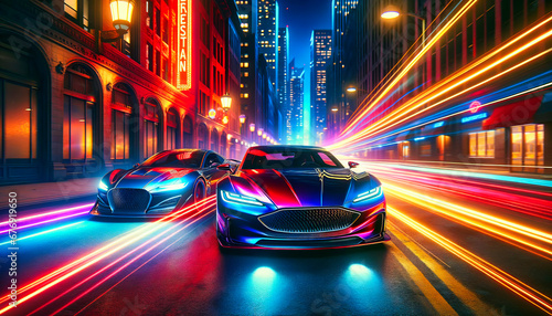 Neon-Lit Sports Cars Speeding Through Night City. Generative AI