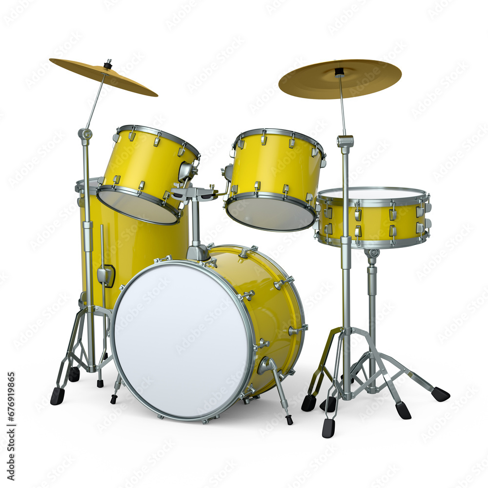 Set of realistic drums with metal cymbals or drumset on white background Set of realistic drums with metal cymbals or drumset on white background